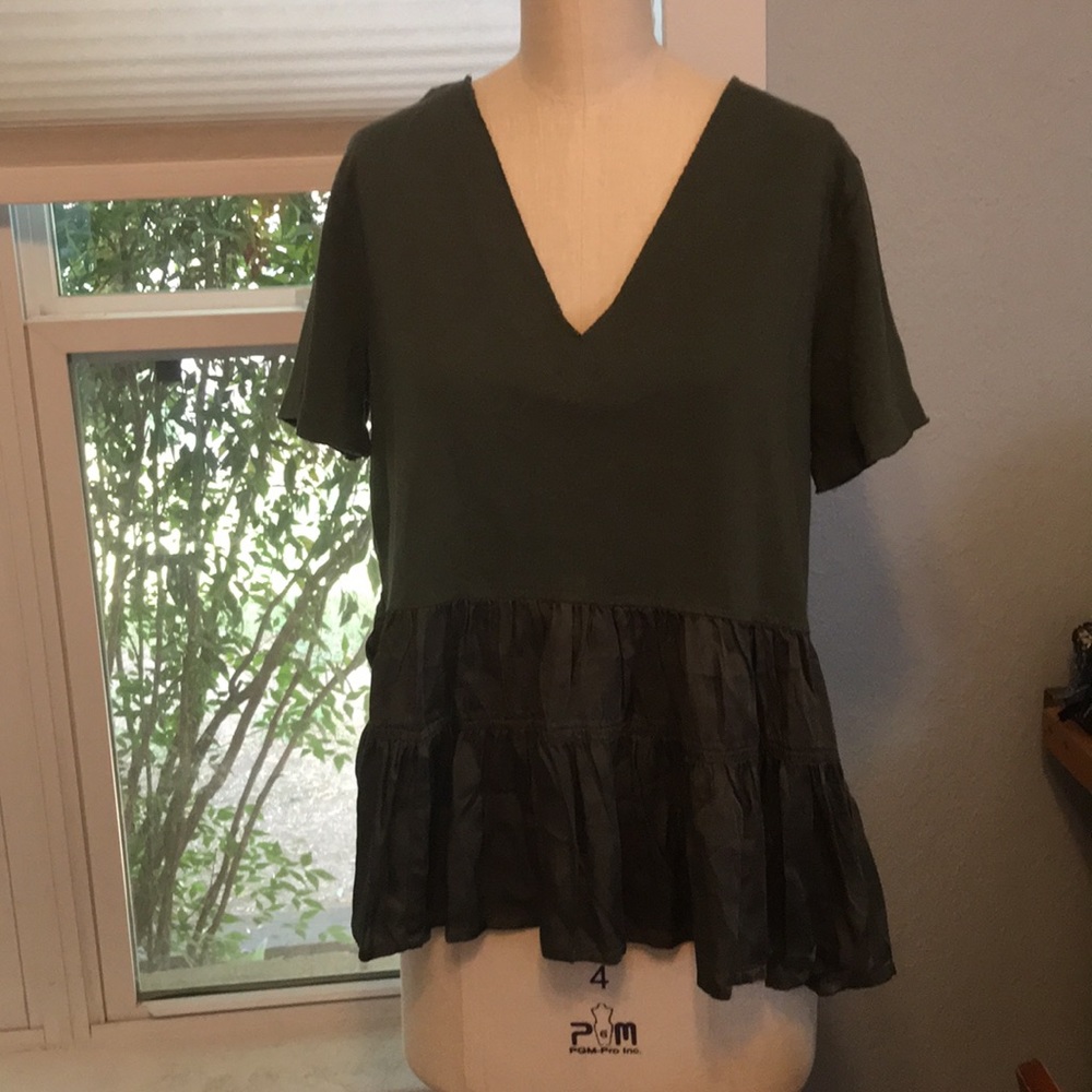 Maeve deep forest green ruffle v neck top.